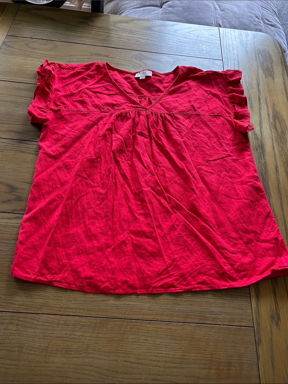 Women's Red V-Neck Short ruffle Sleeve Top